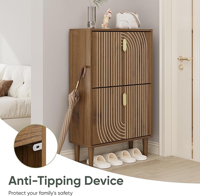 Smuxee Shoe Cabinet with 2 Flip Drawers, 23.6" Walnut Hidden Shoe Storage