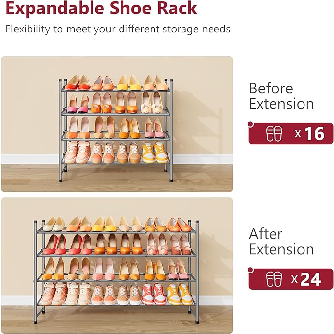 Tajsoon Expandable Shoe Rack for Closet 4 Tier, 29“-41“Adjustable & Stackable