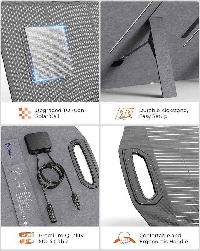 200W Solar Panel, BigBlue SolarPowa 200 Solar Panel Charger with Kickstand for Camping, IP68 Waterproof, Portable and Lightweight, 25% Solar Efficiency, DC5521/8020/7909/ XT60 Plug for Power Station
