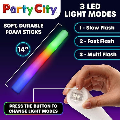 Party City 24pk LED Foam Glow Sticks 14?? Glow in the Dark Party Supplies Favors, Colorful Flashing Wand with 3 Modes, Foam Light Up Sticks Bulk Party Pack for Wedding, Birthday, Concert, Halloween