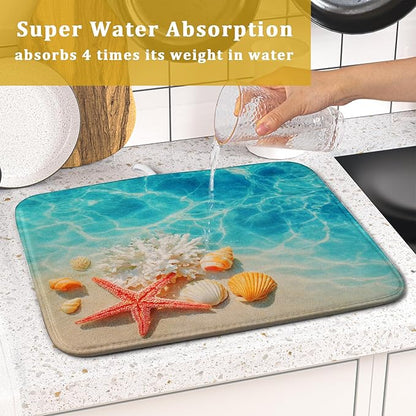 Giwawa Coastal Starfish Dish Drying Mat 16"x18" Ocean Blue Sea Coral Seashell