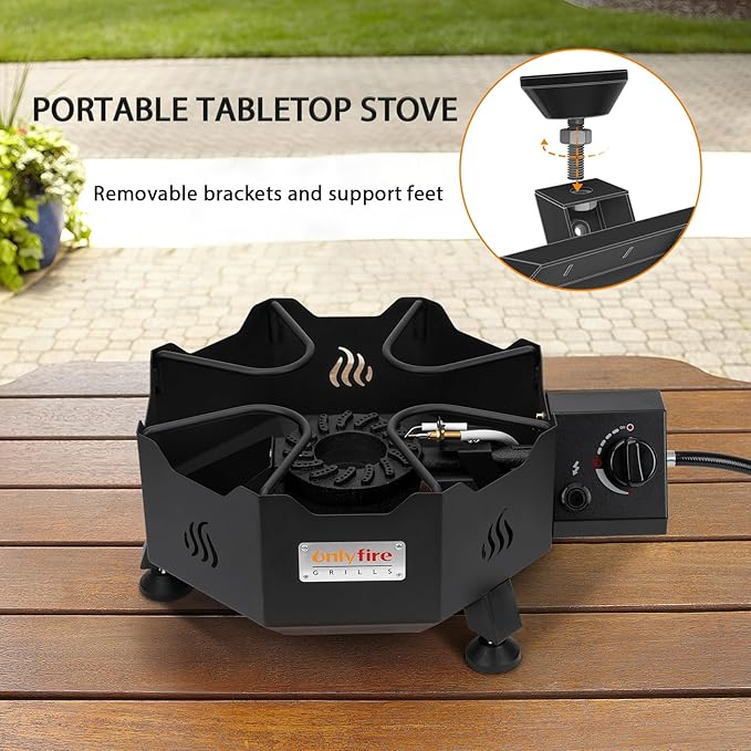ONLYFIRE Portable Gas Burner with Adjustable Removable Legs, Propane Camping Stove for Backyard RV Tailgating Outdoor Cooking, works for Wok, Skillet, Frying Pan, Pot, 4FT Hose, 65000BTU, GS301