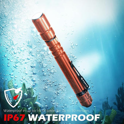 FORTO Rechargeable Pen Light Flashlight, 400 Lumens Small Pocket Flashlight with Clip, IP67 Waterproof, 2 Light Modes, 3-Color Battery Indicator, Type-C Charging, for Inspection,Emergency (Orange)