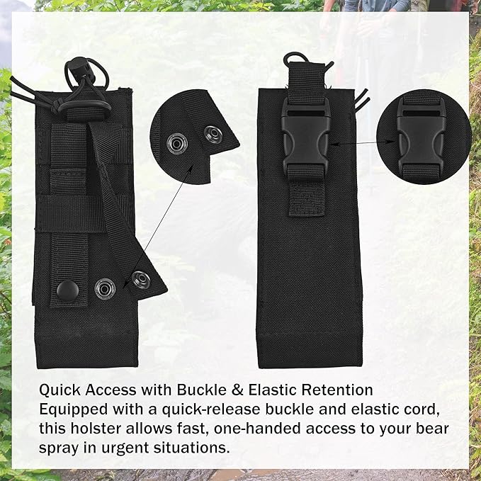 Bear Spray Holster for 7.9, 9.2 & 10.2 oz Canisters ??Heavy-Duty Black Nylon Pouch with Quick Release Buckle & Elastic Cord, Secure Fit for Hiking, Camping, Hunting, Outdoor Carry (Spray Not Included)