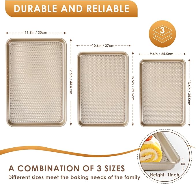 Baking Sheet Pan Set of 3, Nonstick Carbon Steel Cookie Sheets