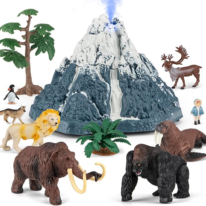 Prehistoric Animal Toys for Kids 3-5, Safari Animals Figurines and Snowy Volcano Toy Set with /Realistic Mammoth, Lion and Gorilla. Educational Gift 4-9.Gift for Toddlers Boys & Girls