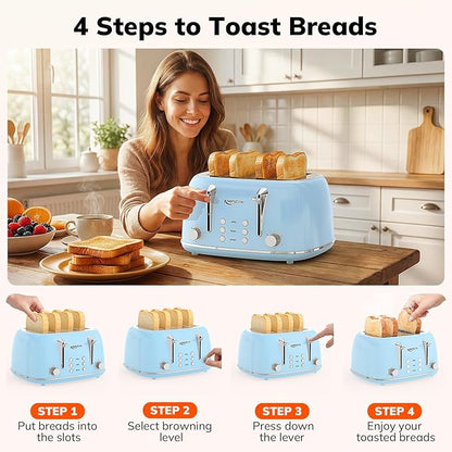 Keenstone Toaster 4 Slice, Retro Stainless Steel Wide Slot Toaster