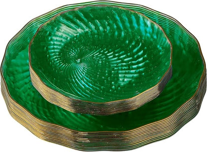 PLASTICPRO 30 Pack Plastic Plates Set of 15-10 inch Plates and 15-7 inch Plates, Elegant Clear Green Spiral and Gold Rim Disposable Fancy Plates Premium Heavyweight