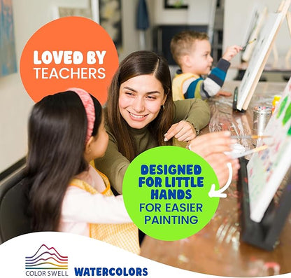 Color Swell Bulk Watercolor Paint 10 Pack with Wood Brushes 8 Washable Water Colors for Kids, Classrooms, Parties, All Ages