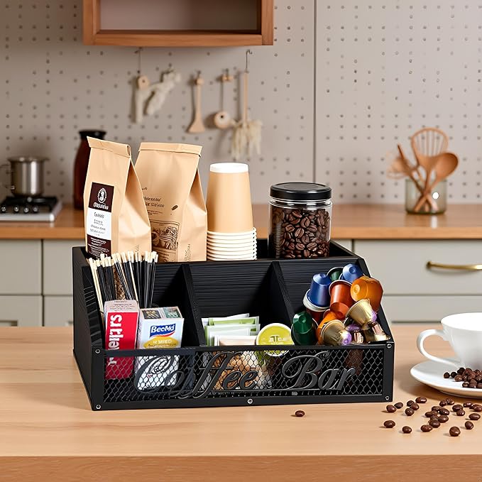 Coffee Station Organizer, Rustic Countertop Coffee Bar Accessories, 4