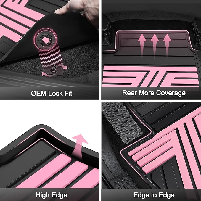 Floor Mats Fit for 2012-2015 Honda Civic Sedan & Sedan Si (Not for Coupe), Custom Fit All Weather Protection Heavy Duty Anti-Slip Car Mats for Civic, 1st & 2nd Row, Black & Pink