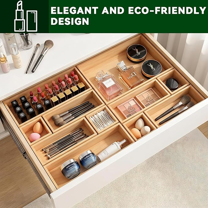 Bamboo Drawer Organizer 7 Pcs for Kitchen Multi-purpose Storage Dividers for
