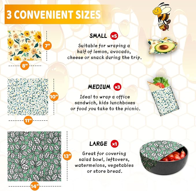Beeswax Wrap, 9 Pack Eco-Friendly Beeswax Wraps
