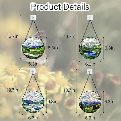 DASTOLL Stained Glass Window Hanging 4 Pcs Set Mountains Lake Green White