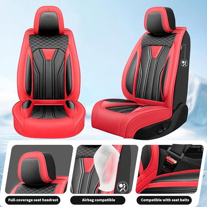Fit Wrangler 4-Door Car Seat Covers for Jeep Wrangler 2010-2025 2026 -Premium Leather, Waterproof，Breathable，All-Weather Seat Cushion Protecto & Airbag Compatible, 2 Front Seat Red & Black