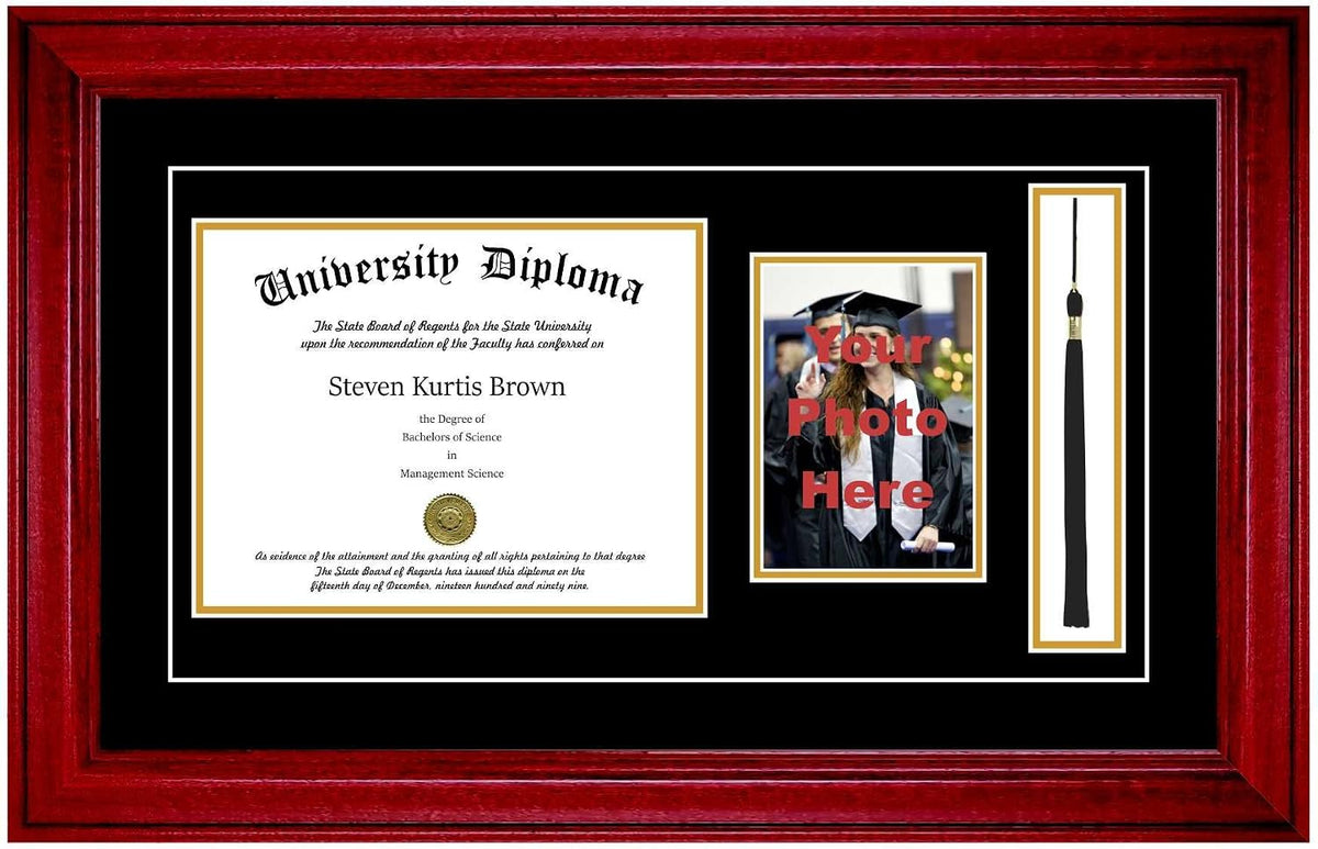Single Diploma Frame with 5x7 Photo, Tassel and Double Matting for 8.5" x 11" Tall Diploma with Cherry 2" Frame
