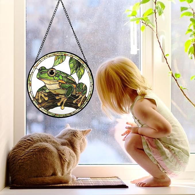 DASTOLL Stained Glass Window Hanging, Frog Green Leaf Sun Catchers Colorful