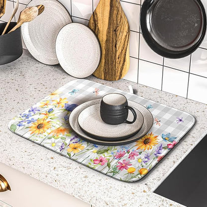 Giwawa Spring Floral Dish Drying Mat, Summer Flower Grey Buffalo Plaids Dish
