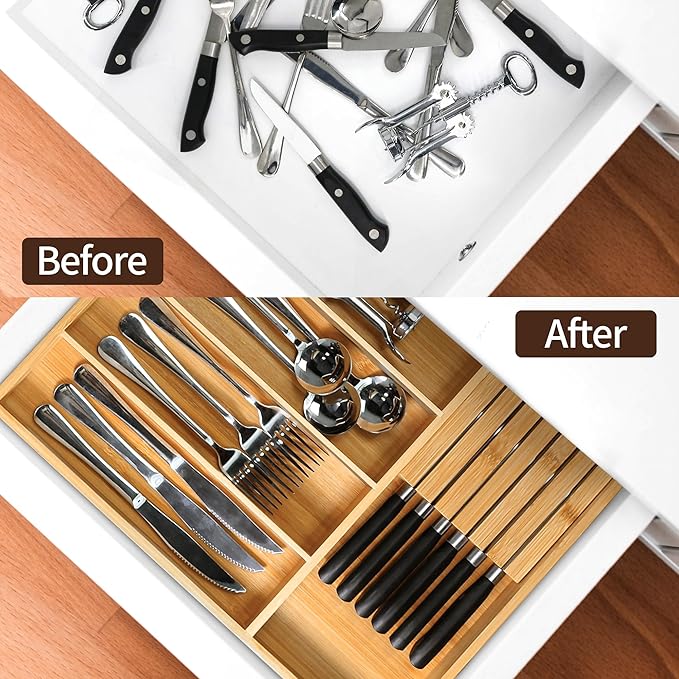 VaeFae Bamboo Silverware Organizer, Utensil Holder