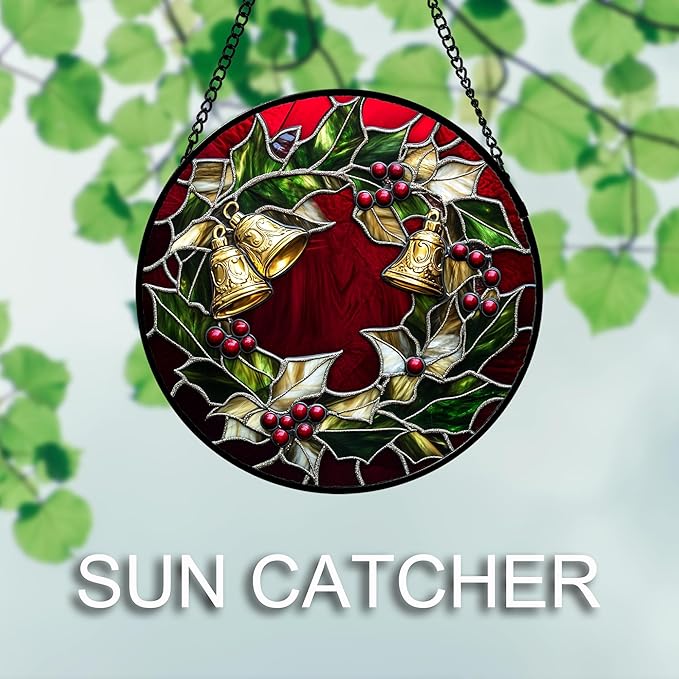 AMDERVEN Stained Glass Window Hanging 4 Pcs Set Christmas Golden Bell Sleigh