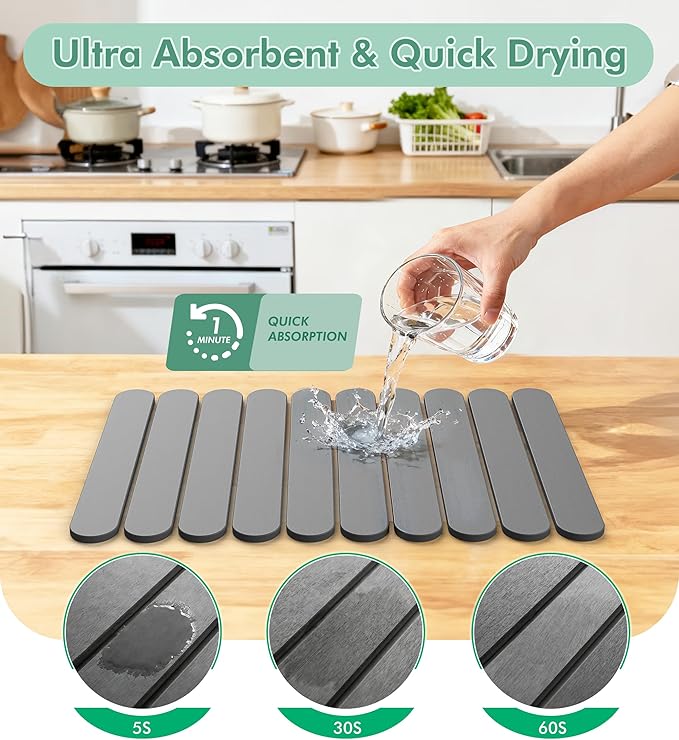 Large Stone Dish Drying Mat for Kitchen Counter, Quick Dry Diatomaceous Earth