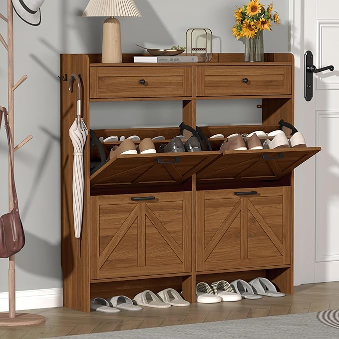 Shoe Cabinet with 4 Flip Drawers & 2 Storage Drawers, Rustic Farmhouse Narrow