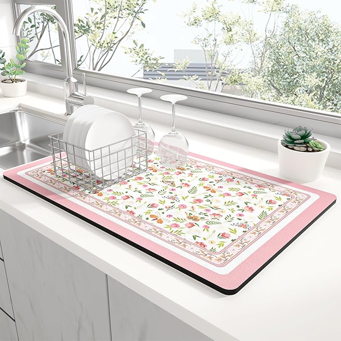 Rnivvi Dish Drying Mat for Kitchen Counter, XL 15 x 24" Cute Flower Theme