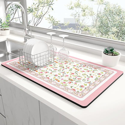 Rnivvi Dish Drying Mat for Kitchen Counter, XL 15 x 24" Cute Flower Theme