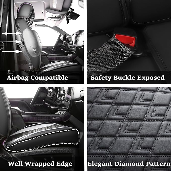 JOJOBAY Chevy Silverado Seat Covers,Leather Seat Covers for GMC Sierra,Custom Fit 2007-2026 1500 2500HD 3500HD Crew Double Extended Regular Cab,LT LZT RST Trail Boss(Front Pair,Black White)
