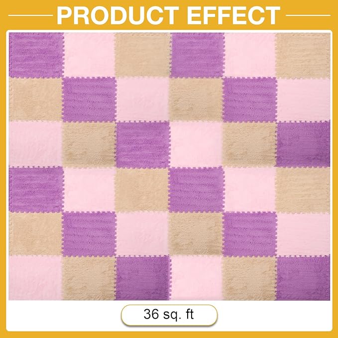 36 Pcs Plush Interlocking Carpet Tiles, Non-Toxic Foam Carpet Tiles for Toddler Baby, Machine-Washable, Anti-Slip, EVA Foam Interlocking Tiles for Floor, Nursery, Playroom, Purple, Light Brown, Pink