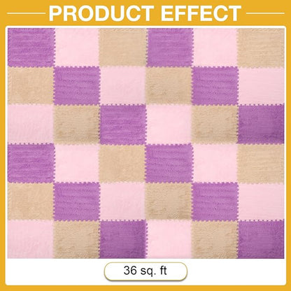 36 Pcs Plush Interlocking Carpet Tiles, Non-Toxic Foam Carpet Tiles for Toddler Baby, Machine-Washable, Anti-Slip, EVA Foam Interlocking Tiles for Floor, Nursery, Playroom, Purple, Light Brown, Pink