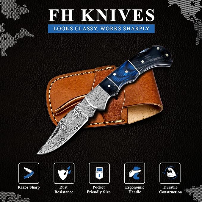 6.5' Personalized Engraved Damascus pocket knife for men Small folding knife for outdoor, camping, hiking, Customized Retirement Gifts for Husband Dad Boyfriend, Christmas