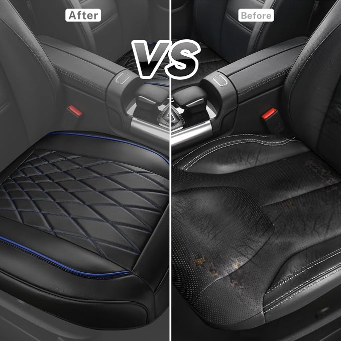 CAR PASS 2 Pack Leather Front Car Seat Covers, Bottom Seat Covers Full Wrapped with Storage Pocket, Anti-Slip PU Seat Protectors,Waterproof Seat Cushion Pad Universal Fit Sedan SUV Truck, Black/Blue