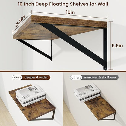 Axeman Deep Floating Shelves | 24 Inch Brown Wall Shelves Set of 2 | 10 Inch