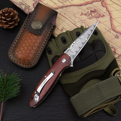 Damascus Pocket Knife with Sheath, 2.87" Damascus Steel Blade Knife with Wood Handle, EDC Folding Knife for Camping Fishing Hiking, Gifts for Men Women