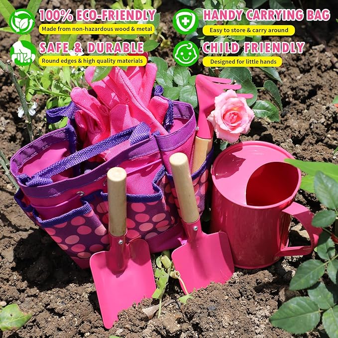Kids Gardening Tools Set, Toddler Play Kit Child Outdoor Toy with Gloves, Watering Can, Metal Shovel, Rake, Spade & Storage Bag, Backyard Sand Digging Birthday for Boys Girls 3-5 (Pink)