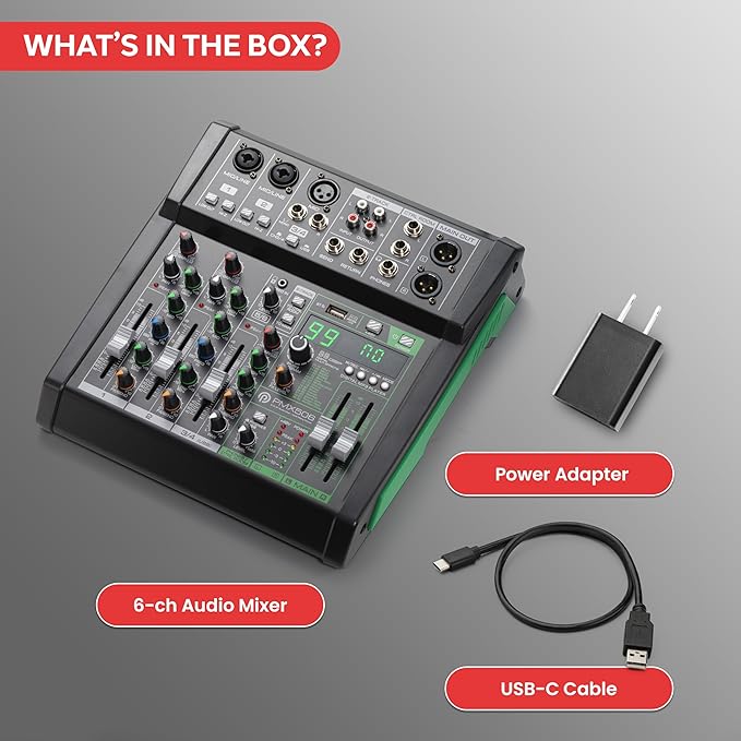 Pyle 6-Channel Audio Mixer, USB Interface, MP3 Compatible, XLR Inputs and LED