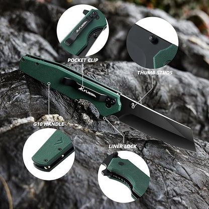 FLISSA Folding Knife, 4-3/4" Reverse Tanto Folding Pocket Knife, Black Stonewash Blade, G10 Handle, for Hunting, Survival, Camping and Outdoor Activities, Great Gifts for Dad, Husband, Friend