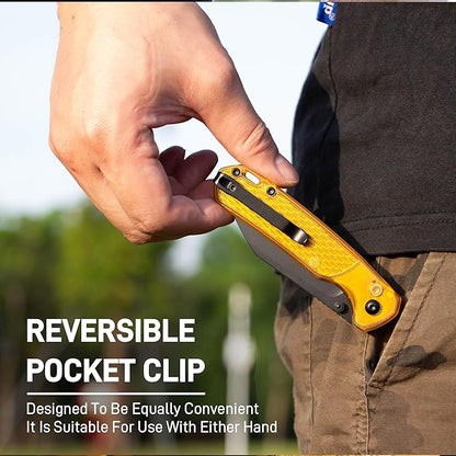 CJRB Pyrite-Light Folding Knife, 3.34'' AR-RPM9 Steel Blade Pocket Knife with Clip for Men Women, Sharp EDC Knife for Camping Survival Hiking, J1945 Amber