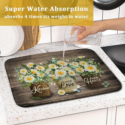 Flower Vase Dish Drying Mats 16x18 Inch Rustic Wood Reversible Microfiber