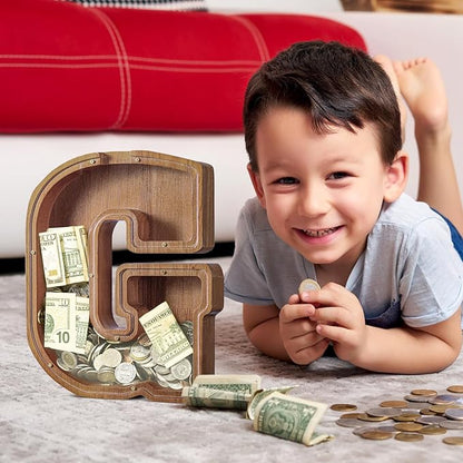 Summidate Customized Name Extra Large Wooden Piggy Bank for Kids Boys Girls Alphabets Letter A-Z Coins Bills Money Change Saving Box Clear Cover (Laser Engraved) Educational Toys 12"- Letter G