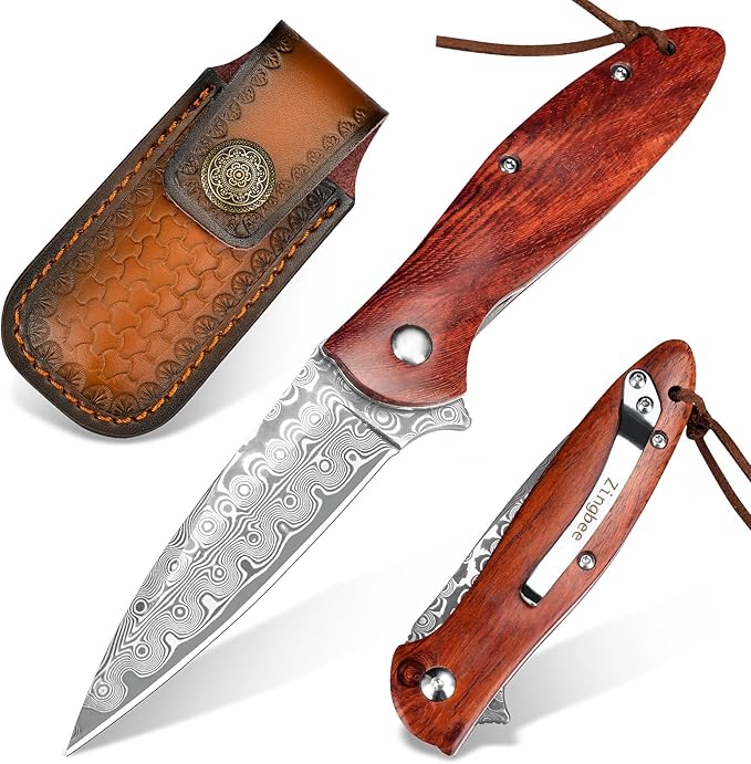 Damascus Pocket Knife with Sheath, 2.87" Damascus Steel Blade Knife with Wood Handle, EDC Folding Knife for Camping Fishing Hiking, Gifts for Men Women