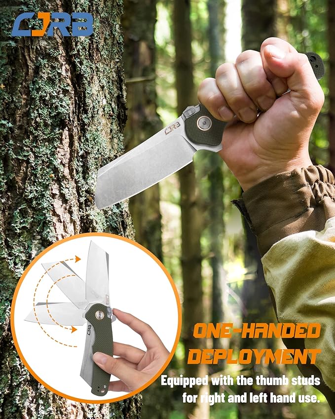 CJRB Crag Tactical Knife, Cleaver Pocket Folding Knife with Stonewash AR-RPM9 Steel Blade and G10 Handle for Men Outdoor, Survival, Camping and EDC (J1904R),Green