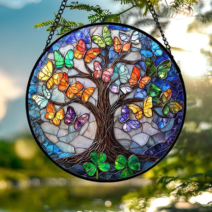 DASTOLL Stained Glass Window Hanging, Butterfly Tree Clover Sun Catchers Glass