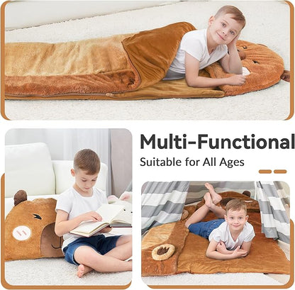 iPlay, iLearn Kid Sleeping Bag, Plush Capybara Slumber Bag, Toddler Girl Boy Nap Mat, 2 In 1 Brown Animal Pillow, Happy Travel Sleepover Daycare Preschool Birthday Gift for Age 3 4 5 6 7 8 10 12 Child