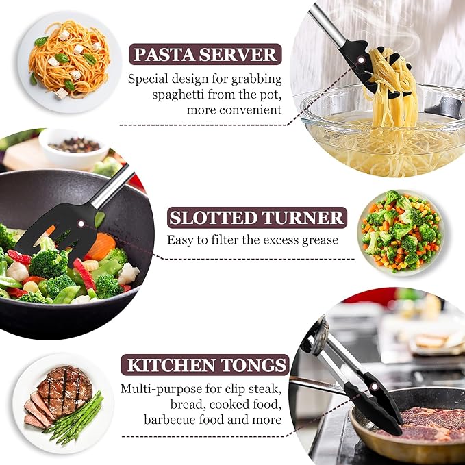 TeamFar Kitchen Utensils Set of 8, Silicone Utensils Kitchen Tools Set with Stainless Steel Handle, for Frying Serving Flipping Draining, Non-toxic & Heatproof, Nonstick & Dishwasher Safe - Black