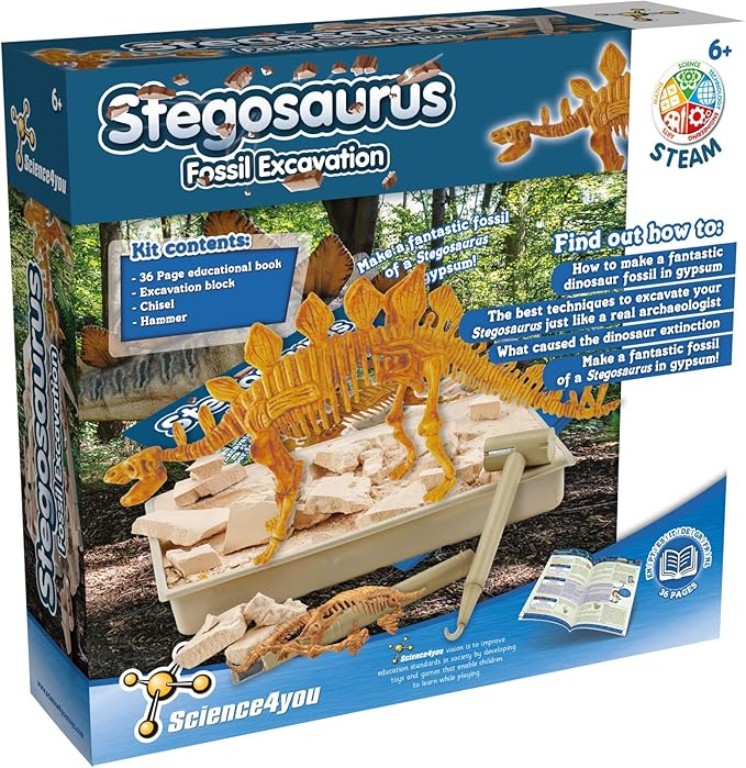 Science4you - Stegosaurus Fossil Digging Kit for Kids +6 - Excavate and Assemble 10 Stegosaurus Fossiles - Ideal Dinosaur Excavation Kit Toy, Archeology and Paleontology Sets for Kids Age 6+