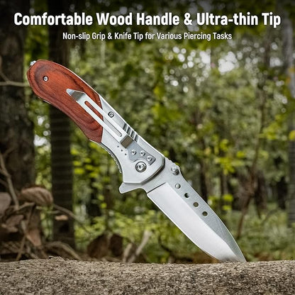 Pocket Knife for Men - 3.46" Sharp Blade Wood Handle Pocket Folding Knives with Clip, Glass Breaker - EDC Knives for Survival Camping Fishing Hiking Hunting Women, Silver