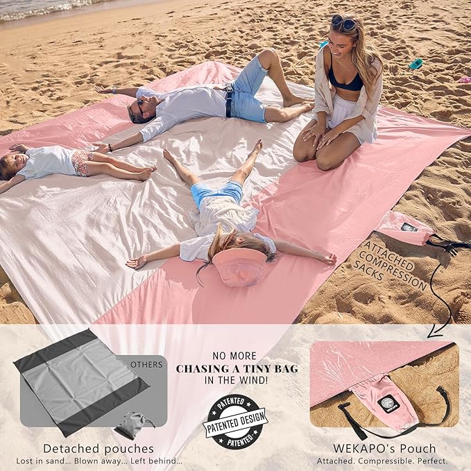 WEKAPO Beach Blanket Sandproof Waterproof, Extra Large Beach Mat, Oversized & Compact Sand Free Mat Quick Drying, Lightweight & Durable with Stakes & Corner Pockets