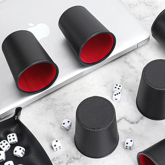 5X Dice Cup Set, PU Leather Dice Shaker Cups with 30 Dices for Bar Party Yahtzee Farkle Dice Games, Coffee (5, Black Red)